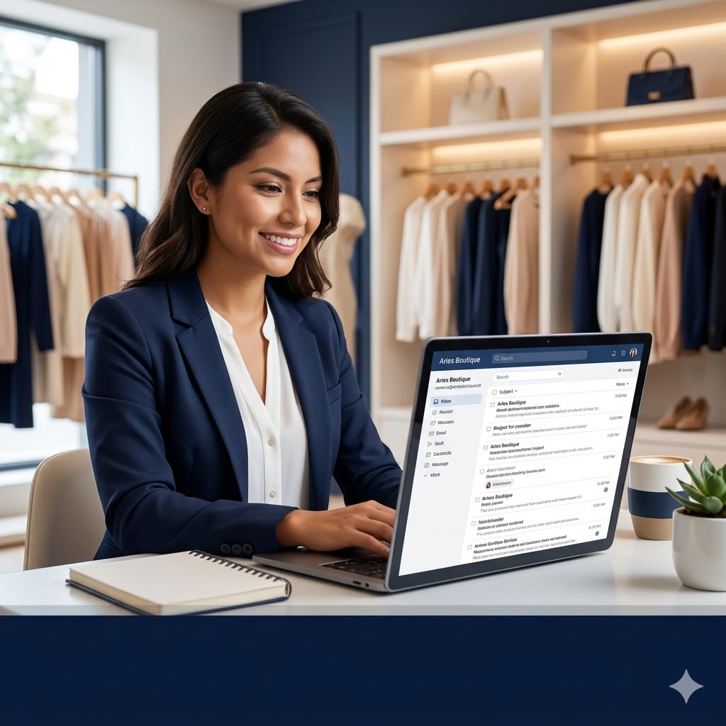 Emprendedora peruana con correo corporativo profesional en su boutique - HostingDominioPeru